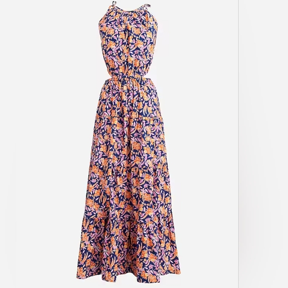 J. Crew Harbor Cotton Side-Cutout Midi Tiered Dress in Painted Block Print Small - Picture 1 of 12